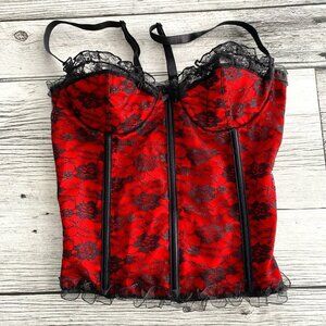 Coquette Corset Top Red Satin Black Lace Bustier Lingerie